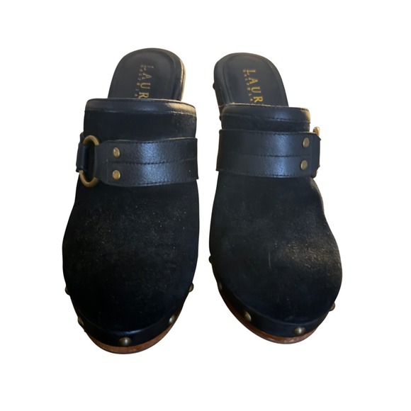 Lauren Ralph Lauren Black Suede Leather Wood Heel Clogs Mules Womens Size 6.5M - Picture 2 of 8